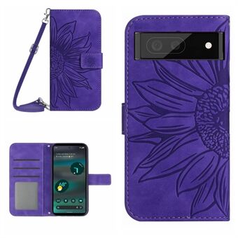HT04 PU-leren hoesje voor Google Pixel 7a telefoonhoesje met schouderband, portemonnee-telefoonhoesje met zonnebloempatroon.