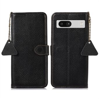 Voor de Google Pixel 6a RFID-blokkerende echt lederen hoes met litchi-textuur, standaard en portemonnee