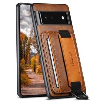 SUTENI H13 Kickstand Shell voor Google Pixel 6a Lederen Beklede PC+TPU Achterkant Hoesje met Kaarthouder Telefoonhoesje met Handriem