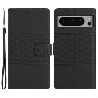 Telefoon lederen hoesje voor de Google Pixel 8 Pro, met standaard en portemonnee, bedrukt met ruitjes patroon.