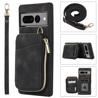 Voor Google Pixel 7 Pro 5G Crossbody Telefoonhoesje, lederen coating, TPU, ritssluiting, kaartsleuven en standaardcover.