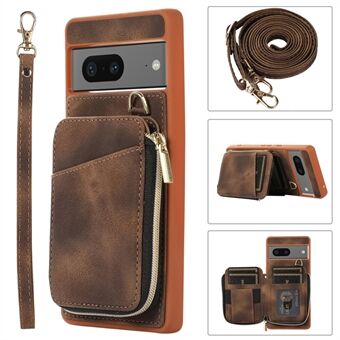 Voor de Google Pixel 7 5G telefoonhoes met kaartsleuven, PU-leren coating, TPU kickstand en ritssluiting.