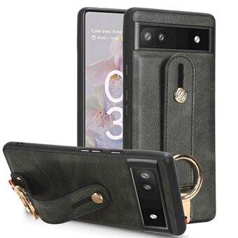 Voor Google Pixel 6a Polsband Kickstand Achterkant Hoesje, Leer beklede PC+TPU telefoonhoes met nekband.