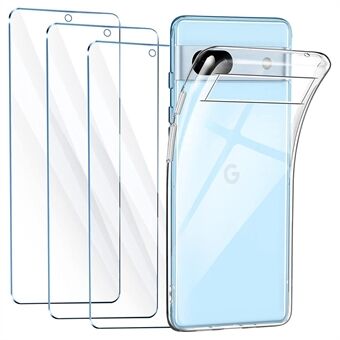 Voor Google Pixel 7a TPU Hoesje Transparante Telefoonhoes met 3 stuks 2.5D gebogen gehard glas screenprotector.