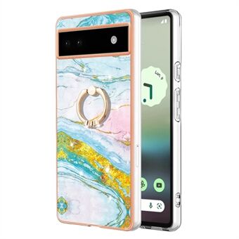 YB IMD Serie-10 Voor Google Pixel 6a Marmer Patroon Elektroplated Ring Kickstand Hoesje IMD TPU Telefoonhoesje