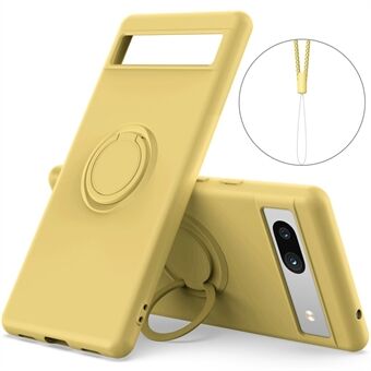 Voor de Google Pixel 7a Ring Kickstand Telefoonhoesje Liquid Silicone Beschermhoes met Lanyard.