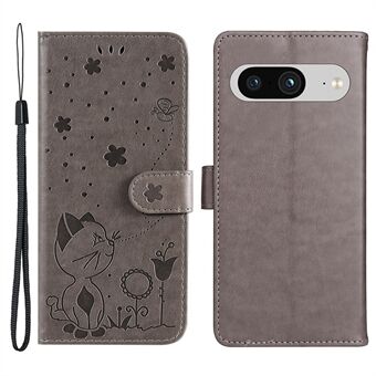 KT Imprinting Flower-serie-4 Telefoonhoesje voor Google Pixel 8 met Standaard Portemonnee Met Gedrukte Kat en Bij PU-leren Hoes