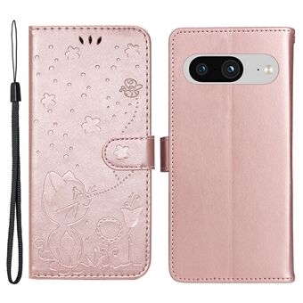 KT Imprinting Flower Series-4 Telefoonhoesje voor Google Pixel 8 met Standaard Portemonnee Geïmpregneerde Katten Bij PU Leren Hoesje