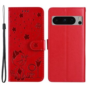 KT Imprinting Flower Series-4 voor Google Pixel 8 Pro Stand Wallet Leren Telefoonhoesje Bedrukte Katten- en Bijenhoes