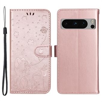 KT Afdrukken Bloemenserie-4 voor Google Pixel 8 Pro Stand Portemonnee Leren Telefoonhoesje Geïnprinte Katten Bijen Case