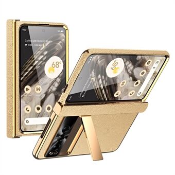 Voor Google Pixel Fold Litchi Textuur Kickstand Telefoonhoesje PU Leer+PC Magnetische Scharnier Beschermhoes met Gehard Glas Schermfolie