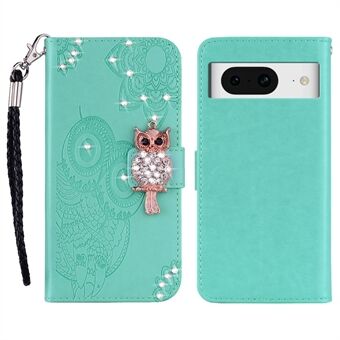 Voor Google Pixel 8 Strass Telefoonhoesje Leren Case Met Uil Bloem Standaard Portemonnee