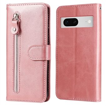 Voor Google Pixel 7 5G Kalfsleer Telefoonhoesje met textuur, een opvouwbare standaard en een ritssluiting voor een vakje als portemonnee.