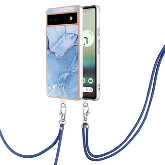 YB IMD-serie-18 Stijl E voor Google Pixel 6a Marmerpatroon Smalle Hoesje met Elektroplating Frame 2.0mm Flexibele TPU-telefoonhoes met Lanyard.