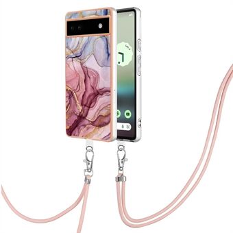 YB IMD-serie-18 Stijl E voor Google Pixel 6a Marmerpatroon Dun Hoesje Elektroplating Frame 2.0mm Flexibel TPU Telefoonhoesje met Koord