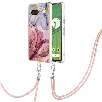 YB IMD-serie-18 stijl E voor Google Pixel 7a marmerpatroon elektroplating hoesje 2.0mm TPU schokabsorberende telefoonhoes met koord