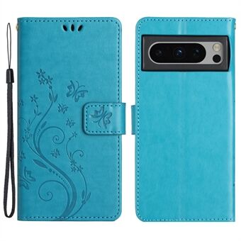 Voor de Google Pixel 8 Pro is er een telefoonhoesje met een ingegraveerd vlinderpatroon, een portemonnee en een standaard, gemaakt van PU-leer.