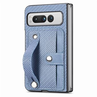 Voor de Google Pixel Fold PU lederen+PC kaartsleuf hoesje met polsband en standaard, in koolstofvezel textuur telefoonhoesje.