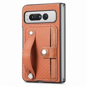 Voor de Google Pixel Fold PU Leren + PC Kaartsleuf Hoesje met polsband en standaard, met een carbon fiber textuur, voor telefoon.