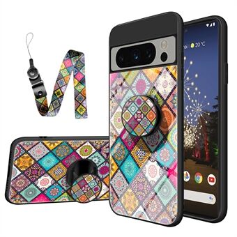 Voor Google Pixel 8 Pro Bloemenpatroon Kickstand Hoesje PC+TPU+Gehard Glas Telefoonhoesje met Lanyard.