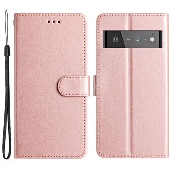 Voor Google Pixel 6 Pro 5G Beschermhoes van PU-leer met zijdeachtige textuur, opvouwbaar en met portemonnee-ontwerp, inclusief polsbandje.