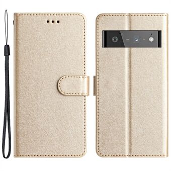 Voor de Google Pixel 6 Pro 5G beschermende PU lederen flip case met zijdeachtige textuur, standaard en portemonnee telefoonhoesje met bandje.