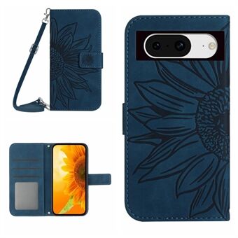 HT04 Voor Google Pixel 8 Leren Portemonnee Stand Case Zonnebloem Geïmpregneerde Telefoonhoes met Schouderriem