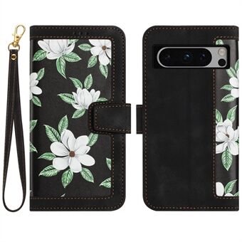 Voor de Google Pixel 8 Pro, een standaard telefoonhoesje met bloemenpatroon, kaarthouder en leren beschermhoes.