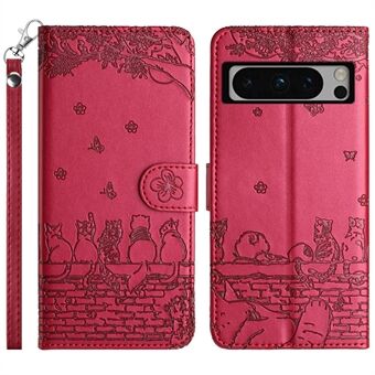 Voor Google Pixel 8 Pro Hoes Wandkatten Afgedrukt PU Lederen Portemonnee Telefoonhoes met Bandje