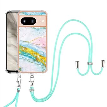 YB IMD Serie-9 Voor Google Pixel 8 TPU Hoesje Met Elektroplating Marmer Patroon Cover en Draagkoord.