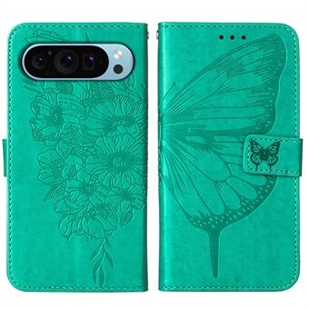 YB Imprinting Series-4 voor Google Pixel 9 Pro XL PU lederen hoesje met vlinderpatroon en polsbandje.