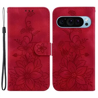 Voor Google Pixel 9 / Pixel 9 Pro leren hoesje met leliebloem imprint volledige bescherming portemonnee telefoonhoesje