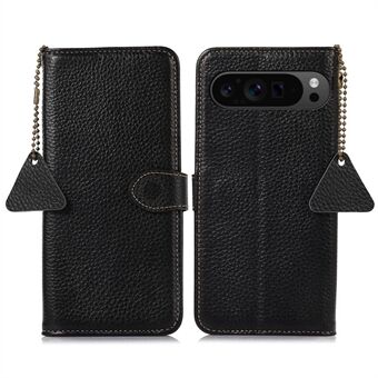 Voor Google Pixel 9 Pro XL Portemonneehoesje van echt runderleer met RFID-blokkering en litchi-textuur.