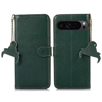 Voor Google Pixel 9 Pro XL Wallet Case Echt Koeienleer RFID Blokkerende Telefoonhoes Litchi Textuur