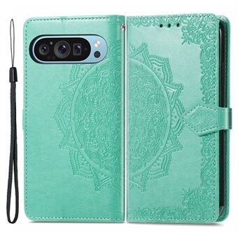 Voor de Google Pixel 9 / Pixel 9 Pro telefoonhoes met reliëf mandala bloemen en portemonnee, met magnetische sluiting.