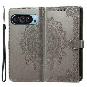 Voor de Google Pixel 9 Pro XL Lederen Portemonnee Hoesje met Standfunctie en Flip Cover met Geëmboste Mandala Bloem