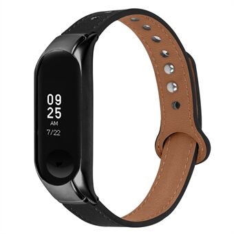 Toplaag koeienhuidriem voor Xiaomi Mi Band 3/4, dubbele klinknagelontwerp polsbandvervanging, zwarte horlogekast