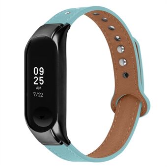 Voor Xiaomi Mi Band 5/6 Effen Kleur Toplaag Koeienhuid Polsband Vervanging Horlogeband met Dubbele Klinknagel, Zwart Horloge Case