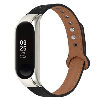 Voor xiaomi mi band 3/4 verstelbare polsband, dubbele klinknagel ontwerp vervangende toplaag koeienhuid riem, zilveren horlogekast