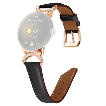 Voor Google Pixel Watch Polsband Strass Decor D-vorm Connector Split lederen band met roségouden gesp