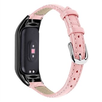 Voor Xiaomi Smart Band 8 Echte koeienhuid lederen band Bamboo Grain horlogeband met zwarte framebehuizing