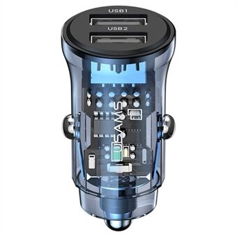 USAMS US-CC162 C31 Transparante USB Autolader Visueel 5V3A Dual USB A+A Mini Autolader Adapter met Blauw Achterlicht - Blauw