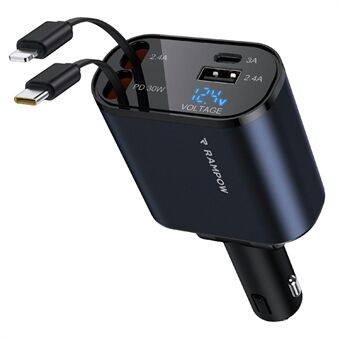 RAMPOW 50W Autolader USB + Type-C Uitvoer Oplaadstation met Intrekbare Type-C + 8-Pins Kabels - Zwart