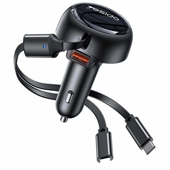 YESIDO Y61 53W Snellader voor in de Auto met USB-poort en 2-in-1 Uittrekbare Ip+Type-C Kabel