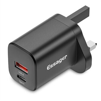 ESSAGER JT-TP74C1U1 Dual Port PD+QC 30W Charger Type-C + USB-A Wall Charger Adapter Mini Fast Charger Block for Cell Phones (UK Plug)