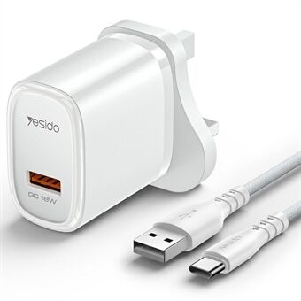 YESIDO YC85C UK Plug Enkele USB Poort Wandoplader 18W Telefoon Tablet Snellader Adapter met Kabel