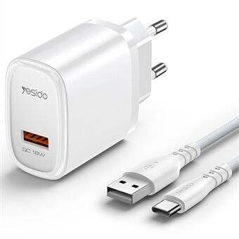 YESIDO YC66C EU Plug Enkele USB Poort Muur Oplader 18W Telefoon Tablet Snel Opladen Adapter met Kabel