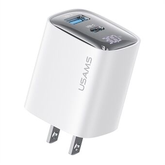 USAMS CC230 30W Snellader GaN Adapter USB-C+USB-C Dubbele Poort Wandoplader Vermogensweergave, Amerikaanse Stekker