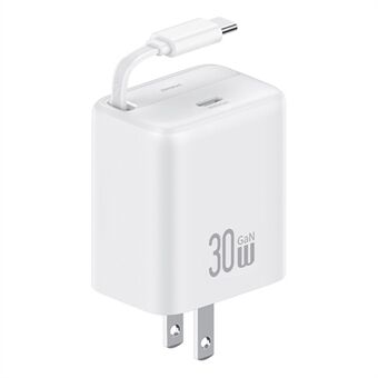 USAMS CC243 30W GaN Power Adapter PD3.0+QC3.0 Snellader met Intrekbare Type-C Kabel, Amerikaanse Stekker