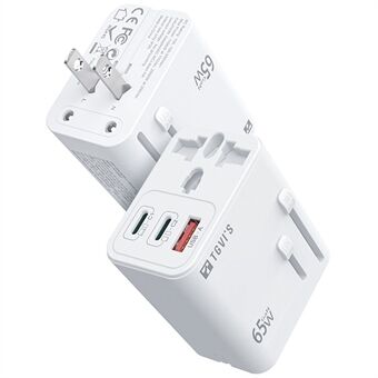 Universele Reisadapter van TGVI met GaN 65W Snellader en 1 USB-A + 2 Type-C Poorten - Wit